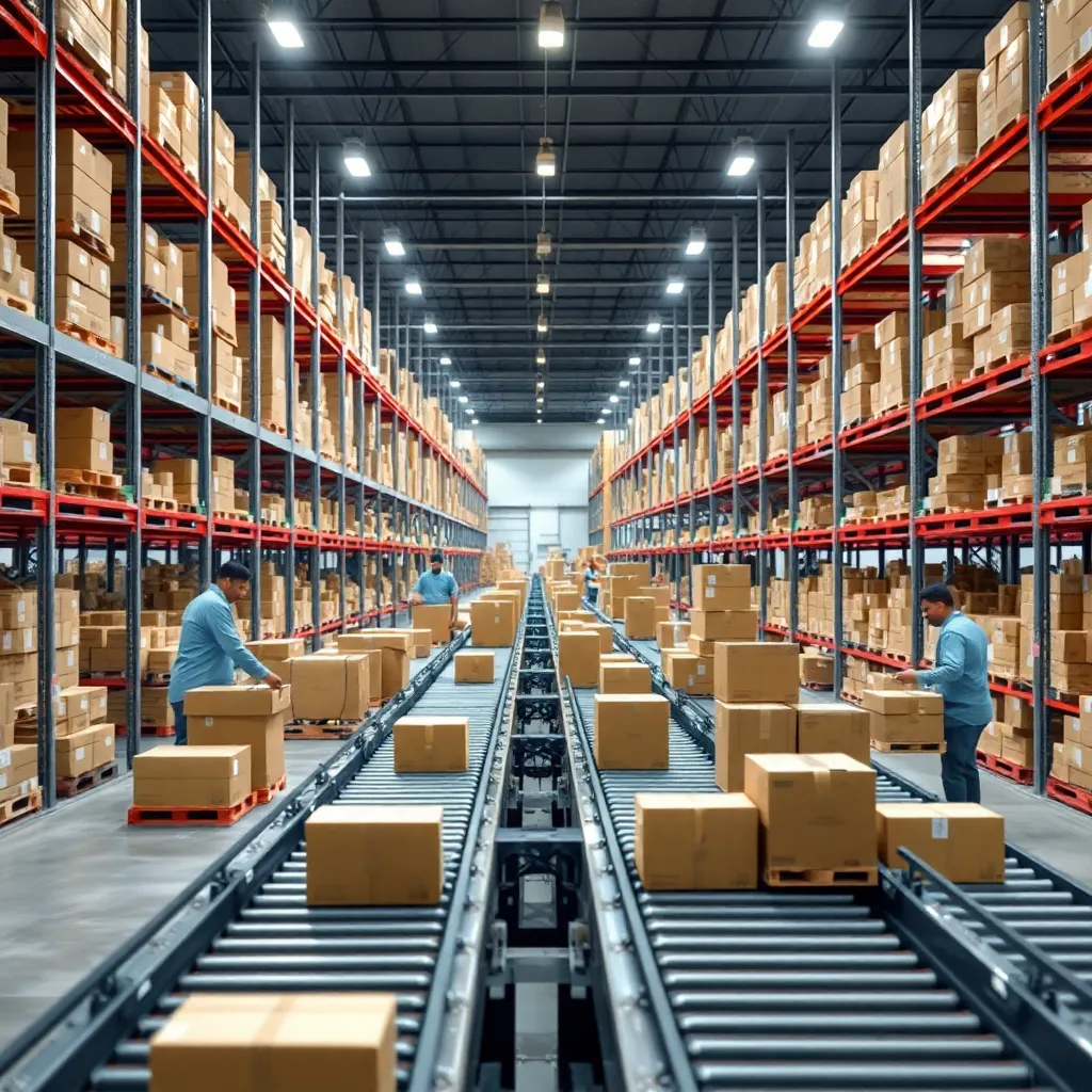 A busy e-commerce warehouse with workers packing boxes and automated conveyor belts moving products.