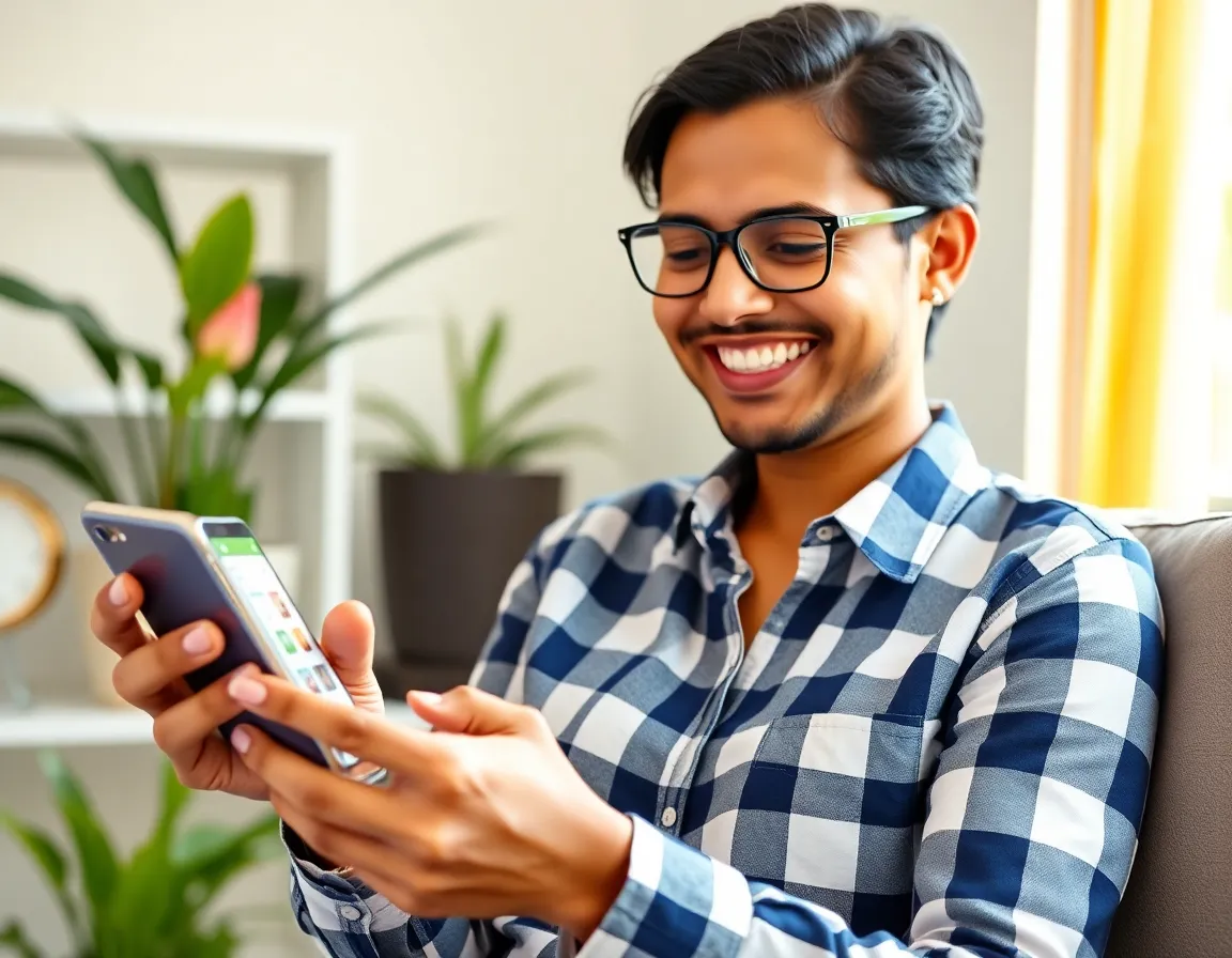 A customer happily using a mobile app for online shopping on their smartphone.
