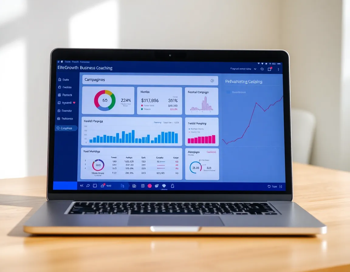 A digital marketing dashboard on a laptop screen showing campaign performance metrics and charts.