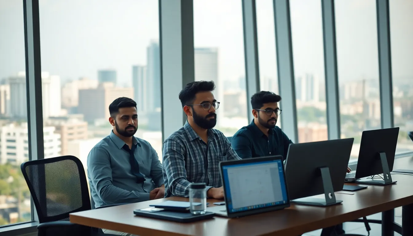 A team of software developers working on laptops in a modern office with large windows overlooking a cityscape.