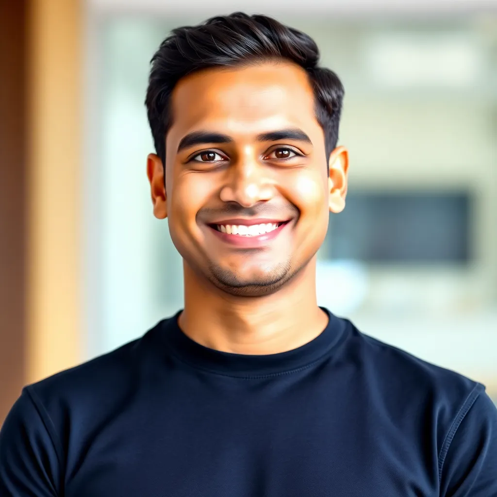 Portrait of a friendly looking Indian male engineer in his mid-30s, with a collared t-shirt.